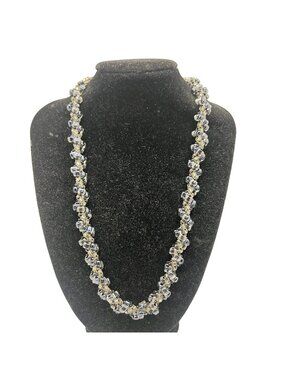 Artisan Necklace Black Clear Glass Seed Bead Rope Sterling Silver Handmade 15-17